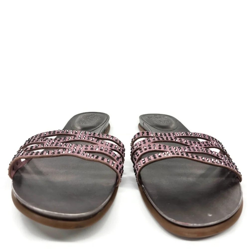Vince Camuto Empiana Light Pink Woven Strap Black Crystals Flat Slide-On Sandals